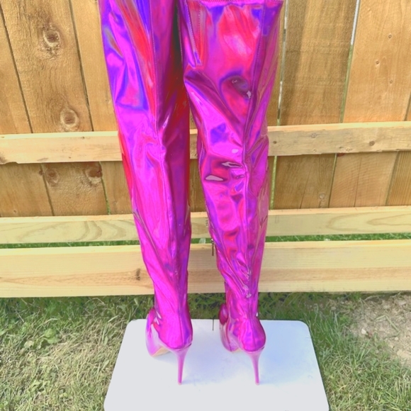 ☆ SEXY Hot Pink Metallic Thigh High Boots With 5' Stiletto Heels - Picture 7 of 8